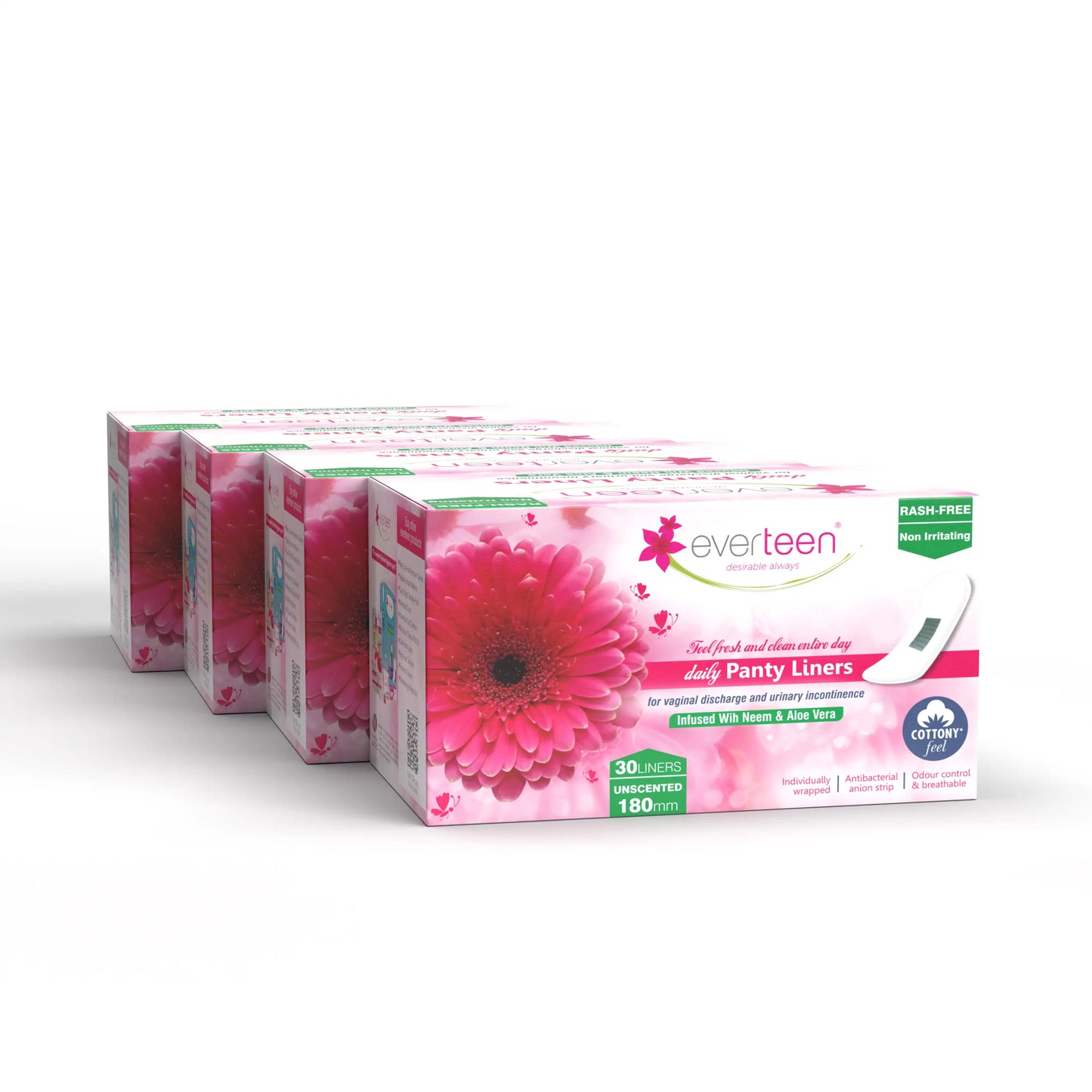 Buy 4 Packs of 30 everteen Panty Liners Infused with Neem and Aloe Vera for Spotting, Vaginal Discharge and Urinary Incontinence in Women - everteen-neud.com