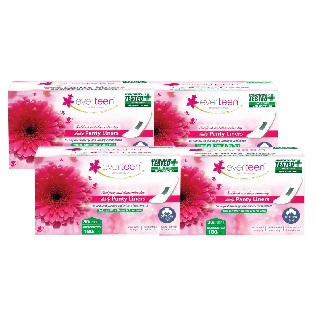 Buy 4 Packs of 30 everteen Panty Liners Infused with Neem and Aloe Vera for Spotting, Vaginal Discharge and Urinary Incontinence in Women - everteen-neud.com