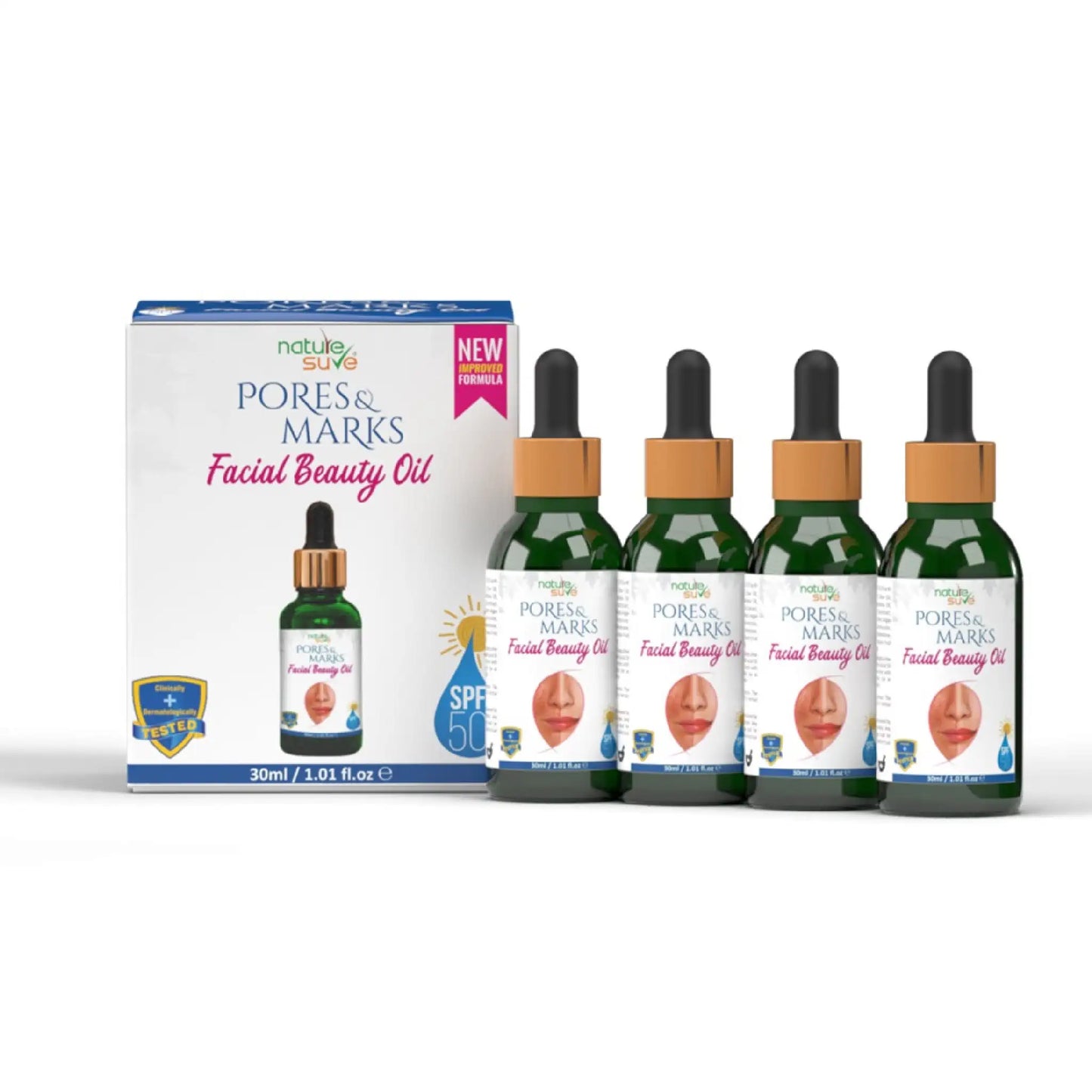 Nature Sure Pores and Marks Face Oil 4x30ml – SPF 50 with Aloe Vera and Argan Oil
