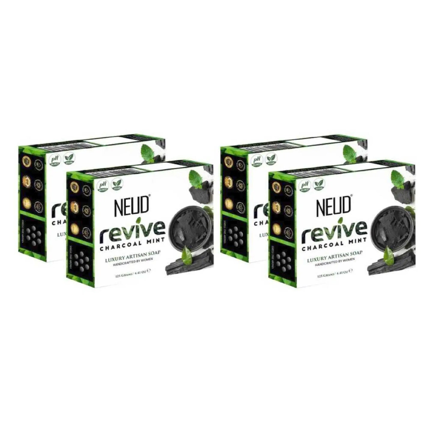 NEUD Revive Charcoal Mint Luxury Artisan pH-Balanced Vegan Handmade Soap With Tea Tree Oil, Peppermint, Eucalyptus Oil and Khus Seed - 4x125g Pack