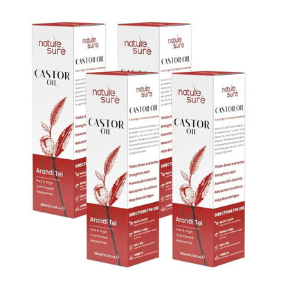 Nature Sure Castor Oil (Arandi Tel) 4x200ml – Cold-Pressed, Hexane-Free, IP-Grade