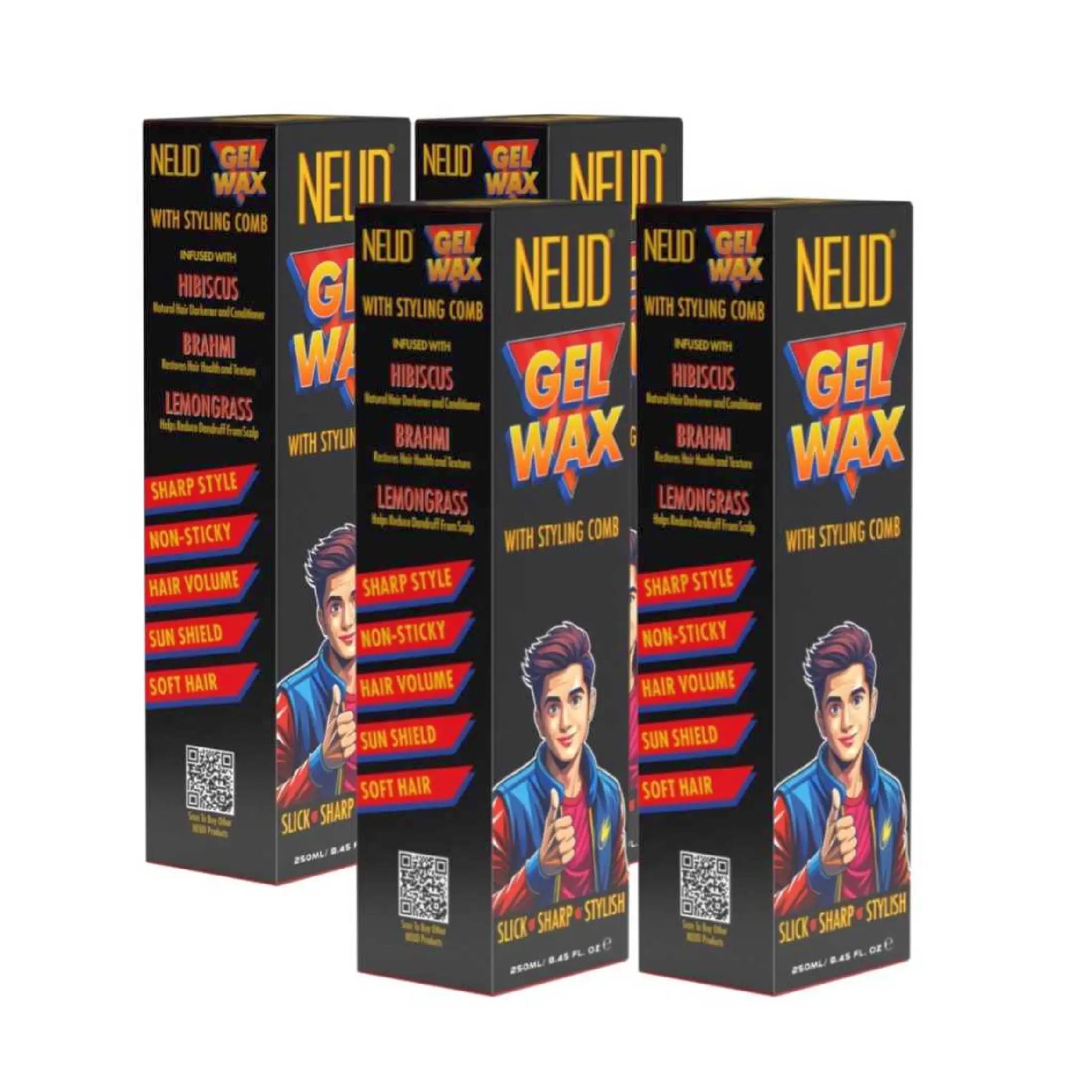 NEUD Styling Hair Gel Wax With Comb Infused with Hibiscus, Brahmi and Lemongrass - 4x250ml Pack