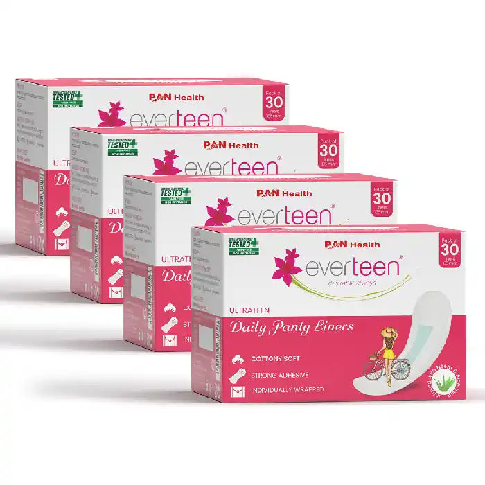 Buy 4 Packs of 30 everteen Pantiliners for daily use Infused with Neem and Aloe Vera for White Discharge and Urinary Leakage in Women - everteen-neud.com