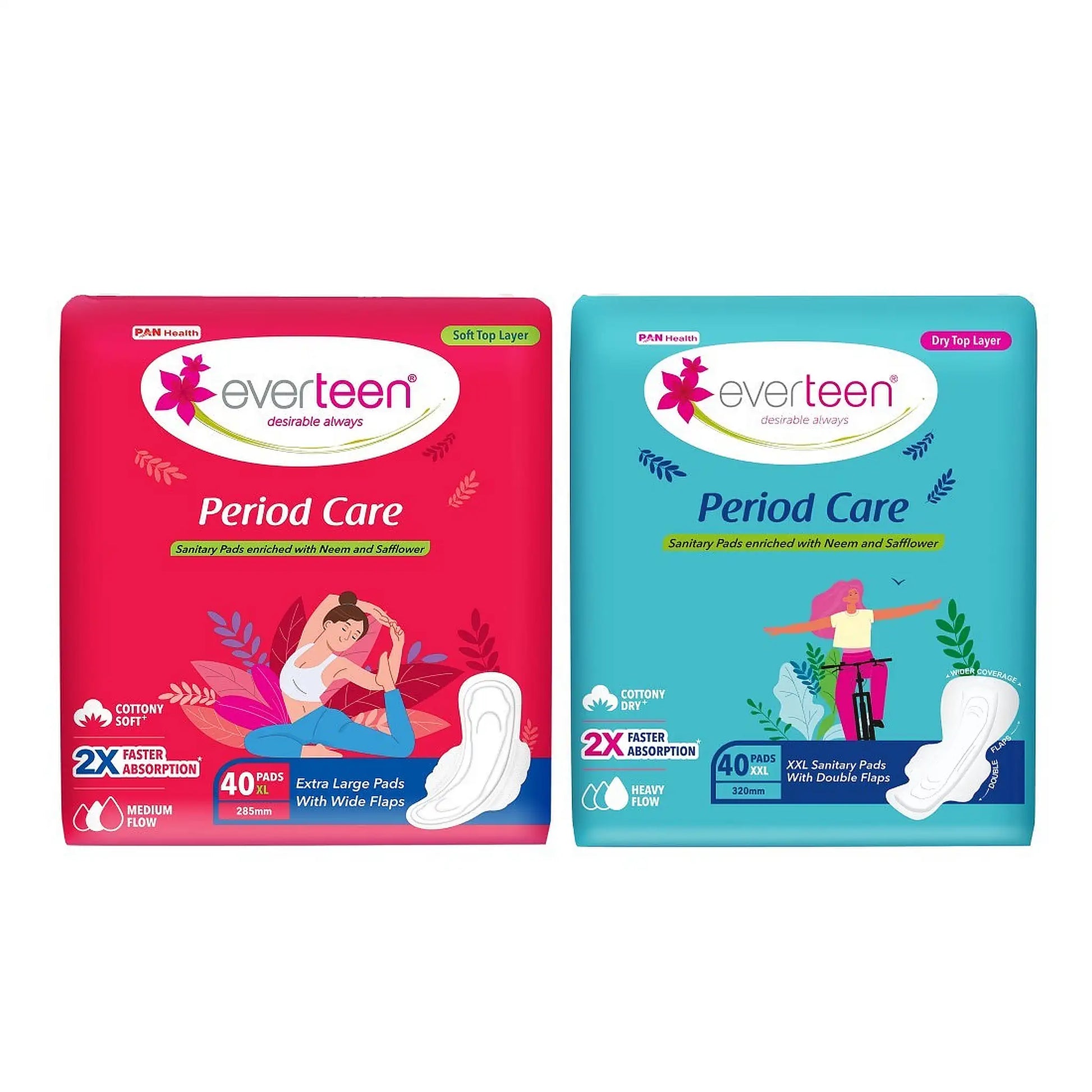 everteen Period Care Combo - 40 Soft XL Sanitary Pads and 40 Dry XXL Sanitary Pads Enriched With Neem and Safflower