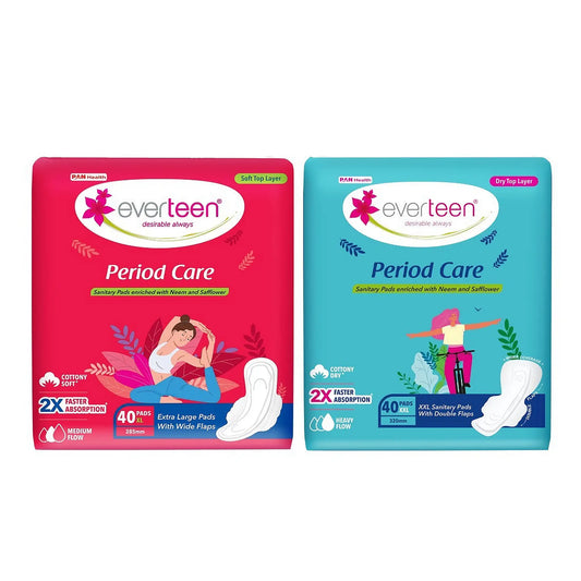 everteen Period Care Combo - 40 Soft XL Sanitary Pads and 40 Dry XXL Sanitary Pads Enriched With Neem and Safflower