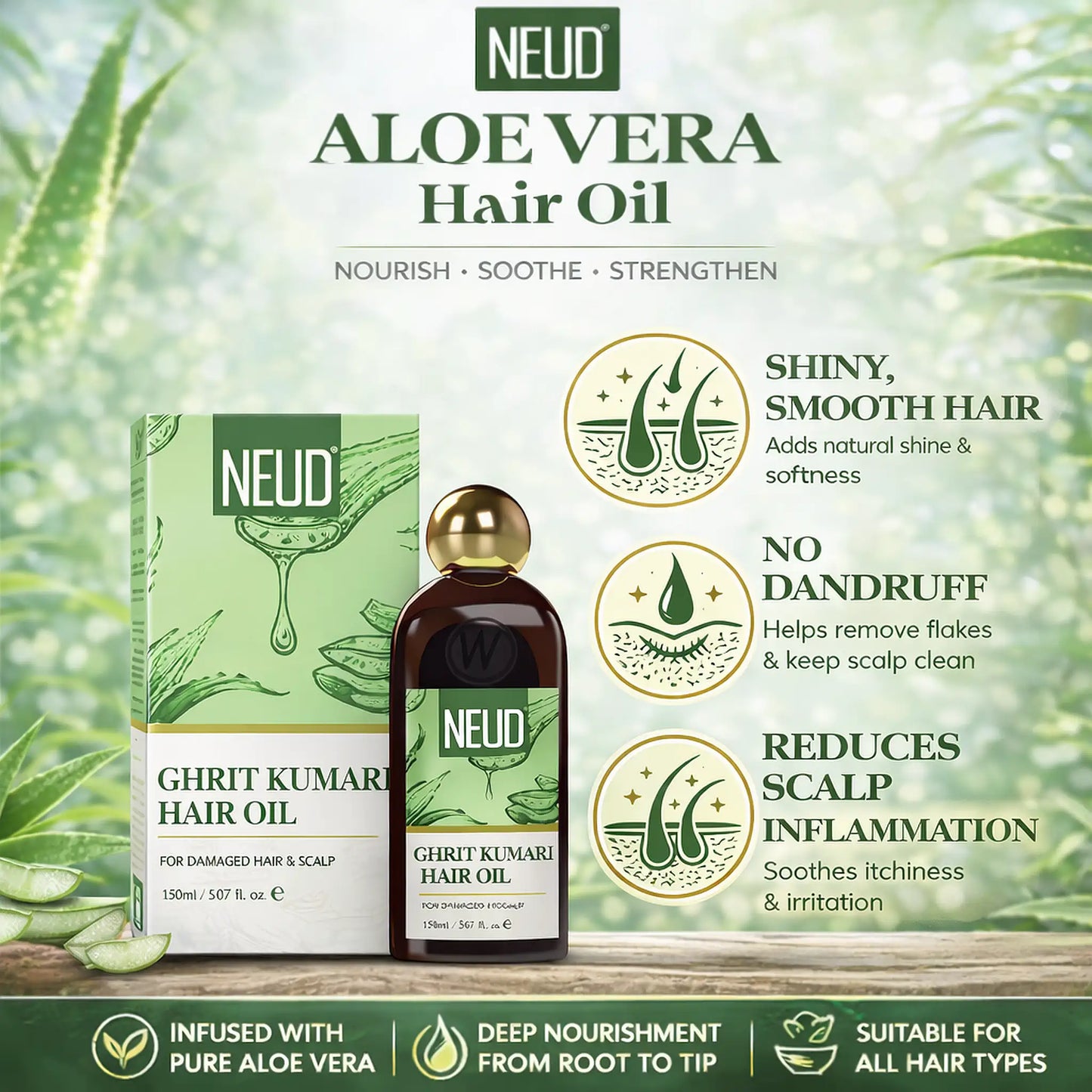 NEUD Ghrit Kumari Aloe Vera Hair Oil 150ml - Shiny, Smooth Hair, Clean Scalp