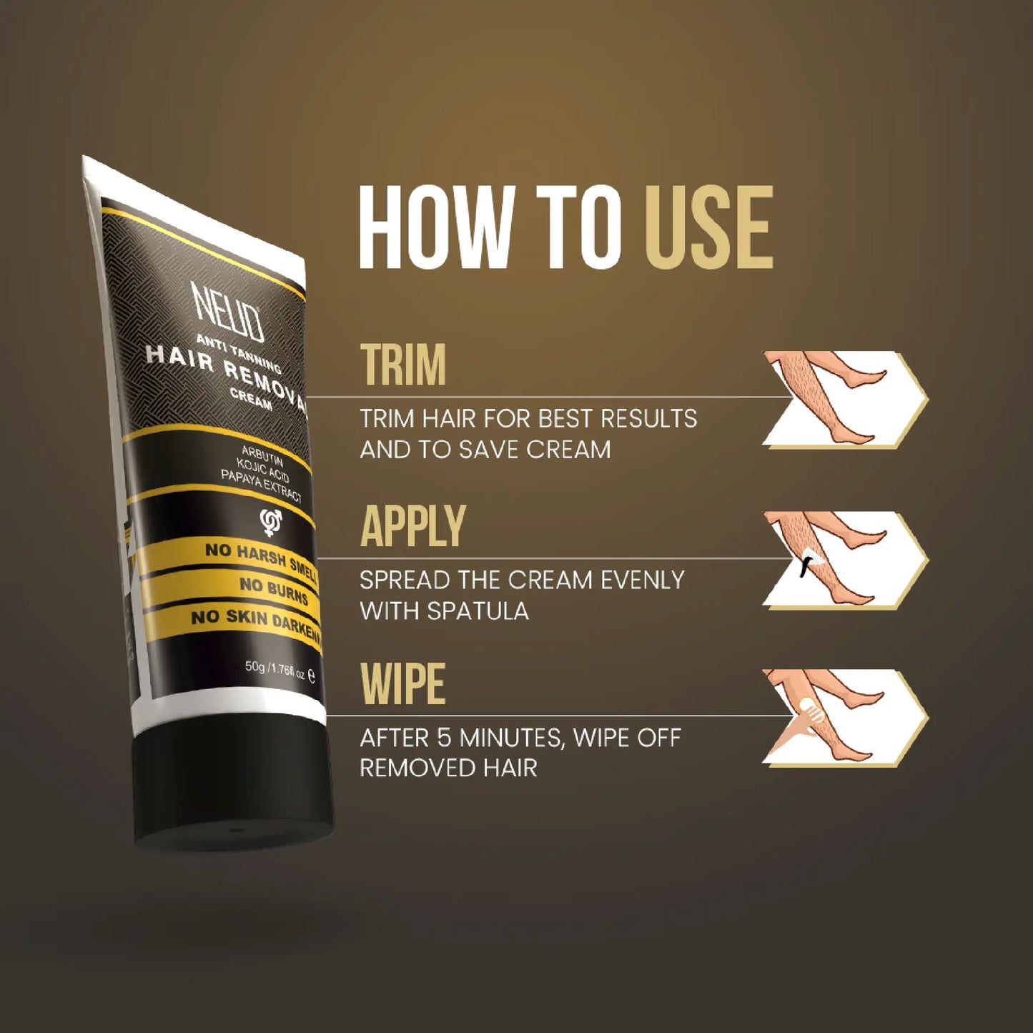 NEUD Anti-Tanning Hair Removal Cream for Arms, Legs, Chest and Back - Easy to Use. Just Trim, Apply and Wipe