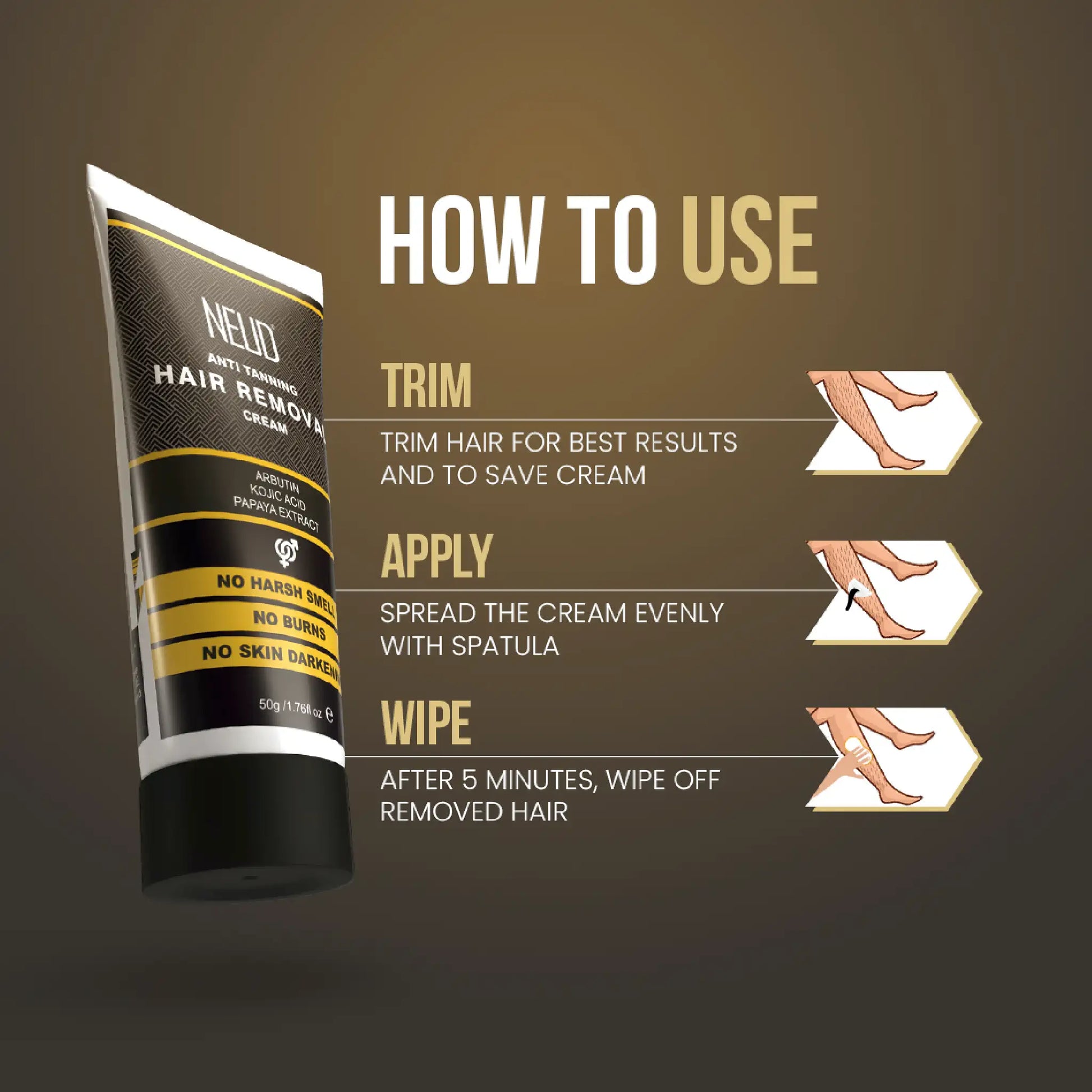 NEUD Anti-Tanning Hair Removal Cream for Arms, Legs, Chest and Back - Easy to Use. Just Trim, Apply and Wipe