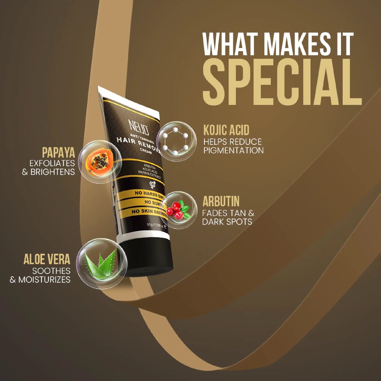 NEUD Hair Remover Cream is enriched with Papaya, Kojic Acid, Aloe Vera and Arbutin