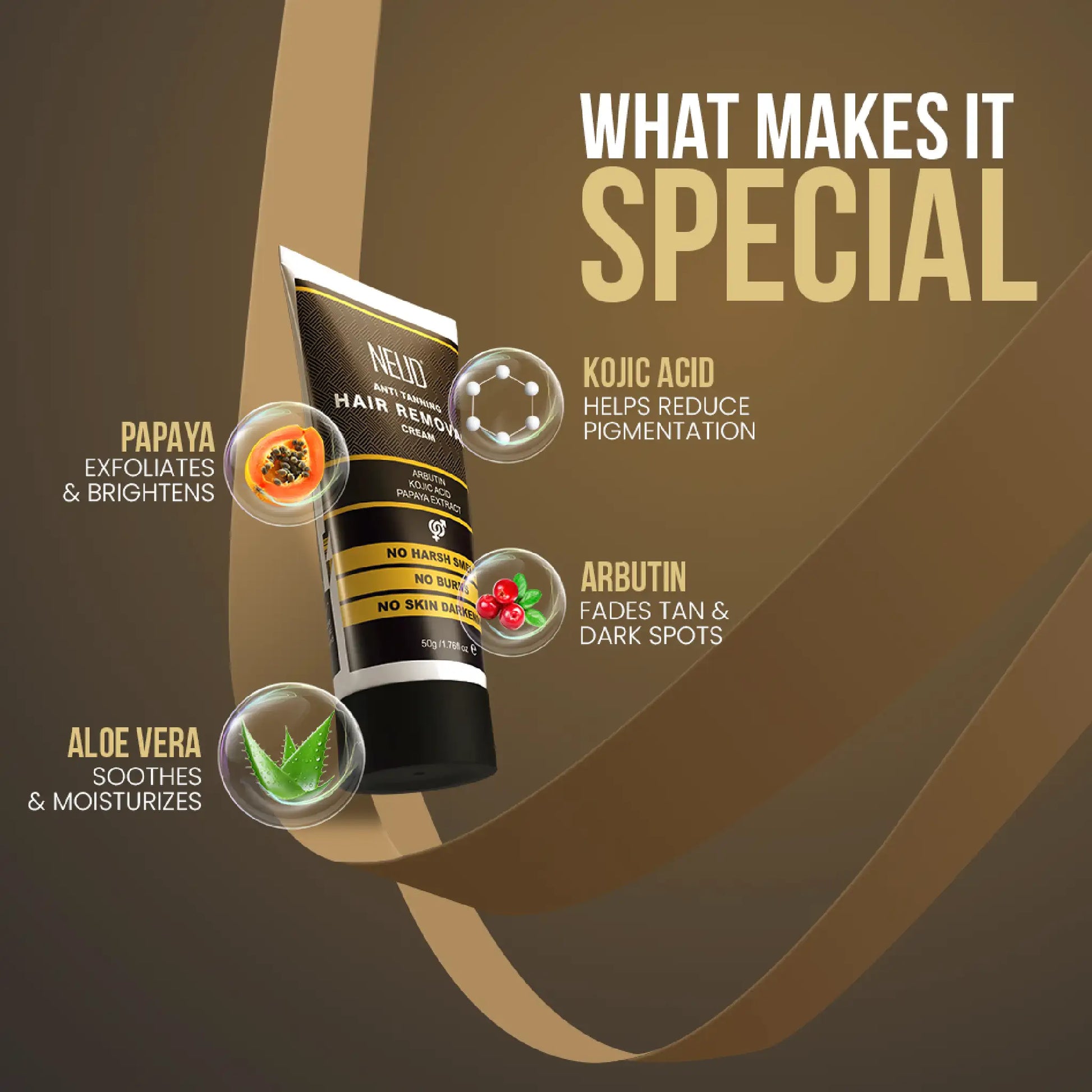 NEUD Hair Remover Cream is enriched with Papaya, Kojic Acid, Aloe Vera and Arbutin