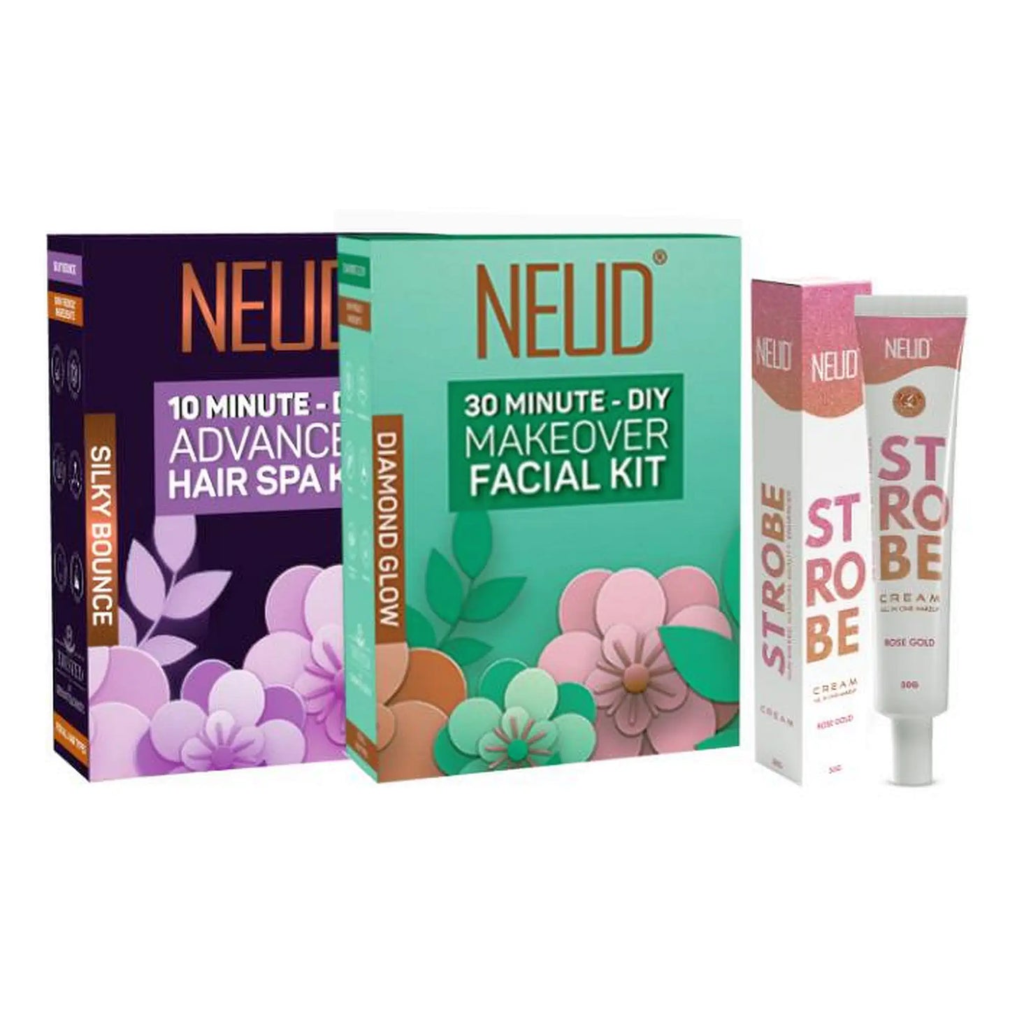NEUD Party-Ready Glow Trio - Facial Kit, Strobe Cream, Hair Spa Kit