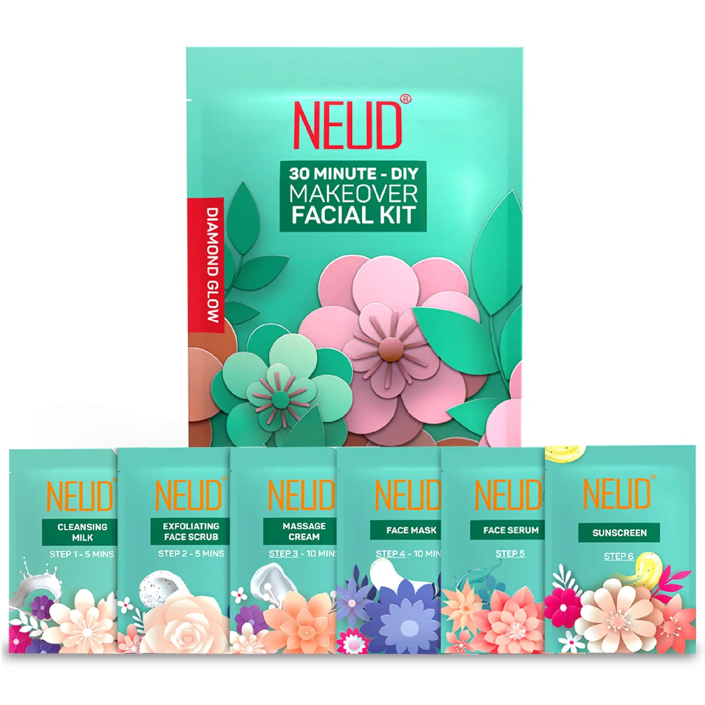 NEUD Makeover Facial Kit for Salon-Like Glow at Home - 6 Sachets With Step Number Clearly Mentioned