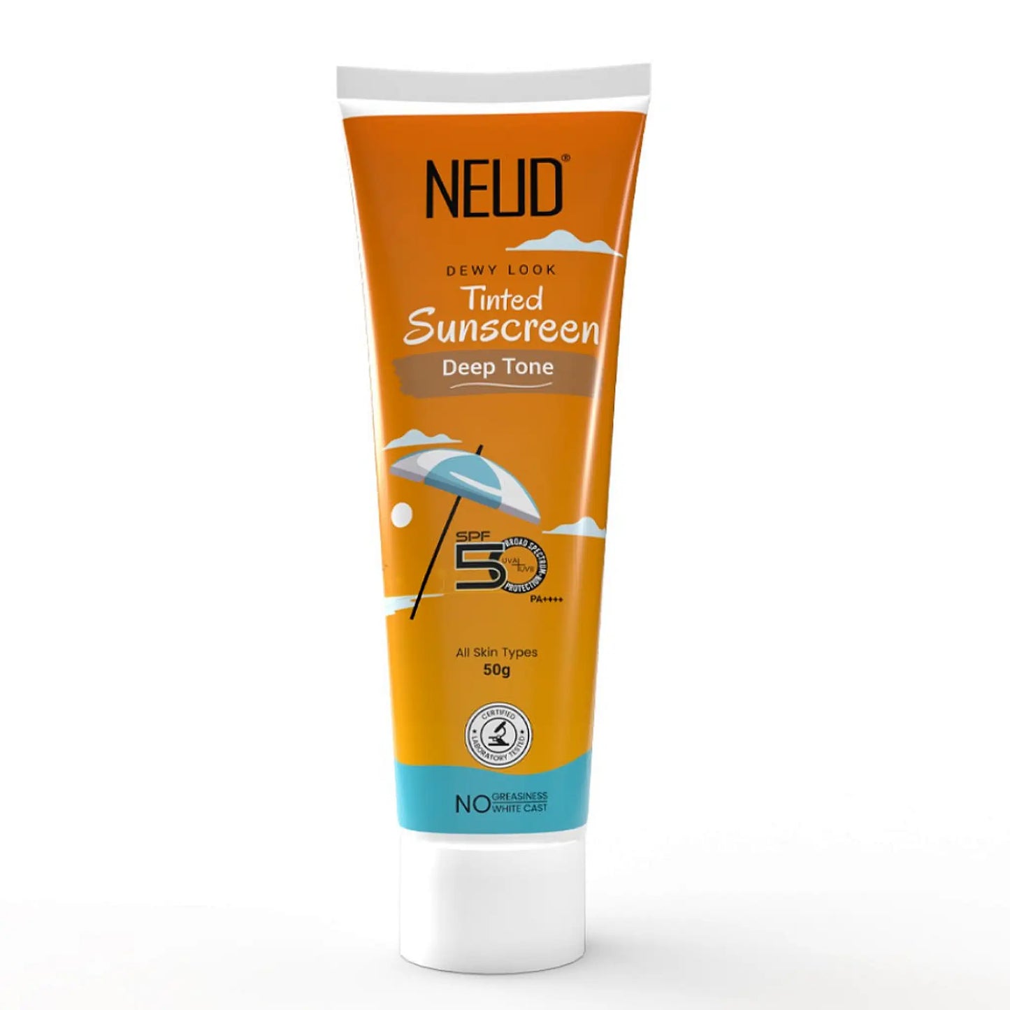 NEUD Dewy Look Tinted Sunscreen SPF 50 PA++++ with Hyaluronic Acid – Deep Tone, 50ml