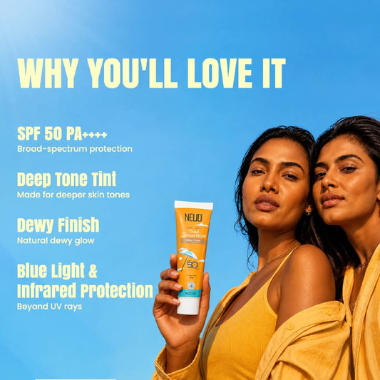 NEUD Dewy Look Tinted Sunscreen SPF 50 PA++++ with Hyaluronic Acid – Deep Tone, 50ml