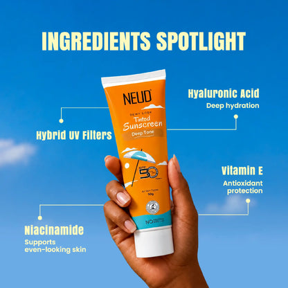 NEUD Dewy Look Tinted Sunscreen SPF 50 PA++++ with Hyaluronic Acid – Deep Tone, 50ml