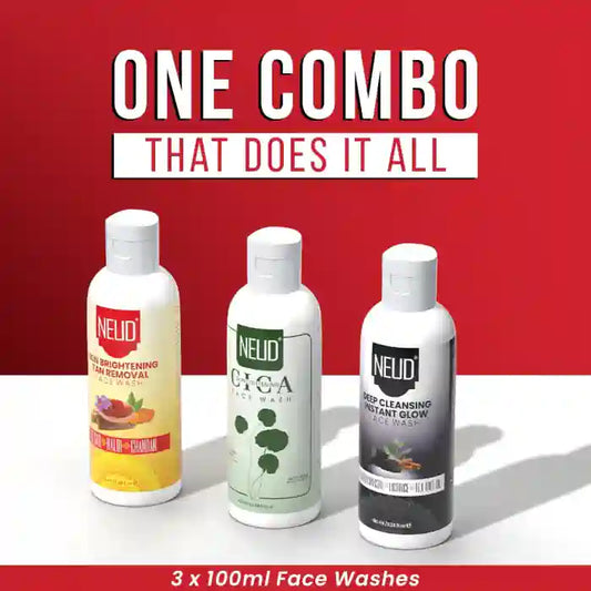 NEUD Cica Face Wash, Skin Brightening Face Wash and Deep Cleansing Face Wash - 3 x 100ml Each