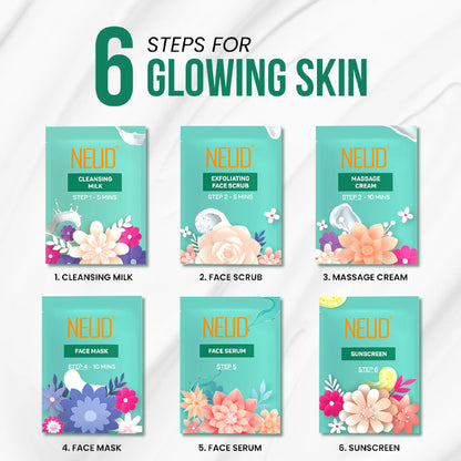 NEUD Makeover Facial Kit Contents - Cleansing Milk, Exfoliating Scrub, Massage Cream, Face Mask, Face Serum and Sunscreen