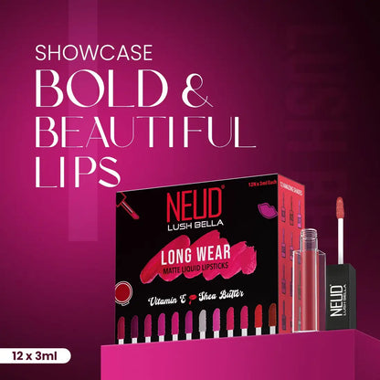 NEUD Lush Bella Matte Liquid Lipstick Kit Enriched With Vitamin E and Shea Butter - 12 Units (3ml Each)