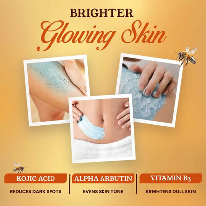 NEUD Manuka Honey Scrub  contains kojic acid for dark spots, alpha arbutin for even skin tone and Vitamin B3 for skin brightening