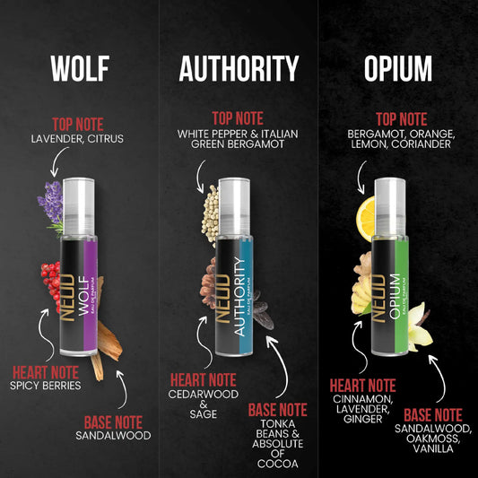 Three NEUD Pocket Perfumes For Men - Notes of Lavender, Citrus, Spicy Berries, Sandalwood, Bergamot, Cedarwood, Tonka Beans, Cocoa, Ginger, Cinnamon and Oakmoss