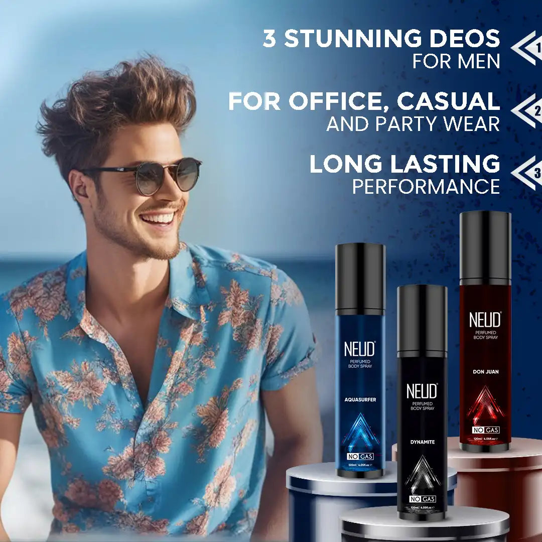 Each Set of NEUD 3-in-1 Perfumed Body Sprays for Men Contains 3 Deos of 120ml Each With Long Lasting Performance - everteen-neud.com