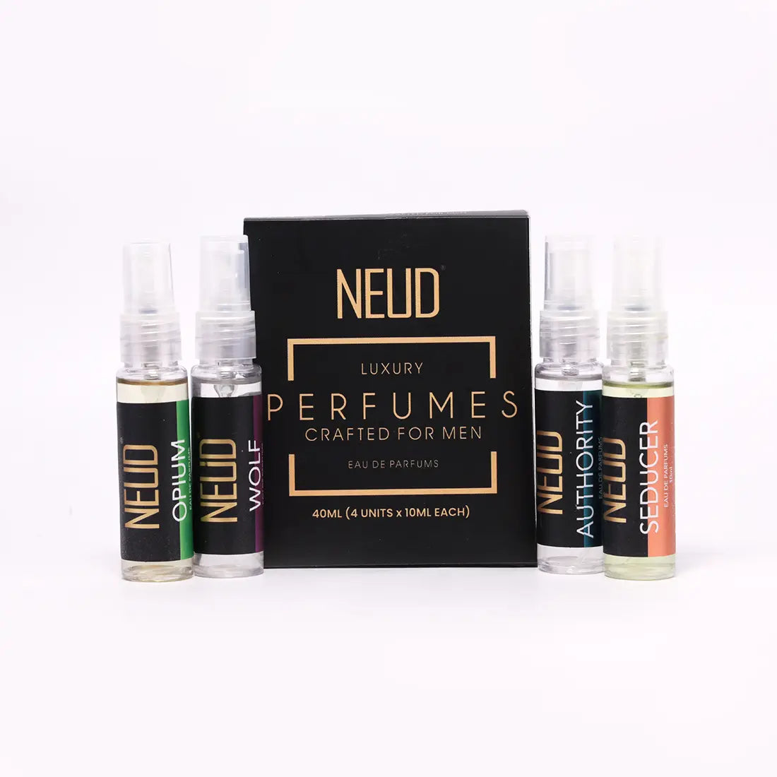 NEUD Luxury Pocket Perfume Gift Set for Men - Long Lasting Eau de Parfum (Citrus, Lavender, Cedarwood, Vanilla) - 4x10ml