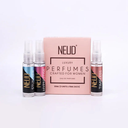 NEUD Luxury Pocket Perfume Gift Set for Women - Long Lasting Eau de Parfum (Fruity, Rose, Musk Fragrance) - 3x10ml