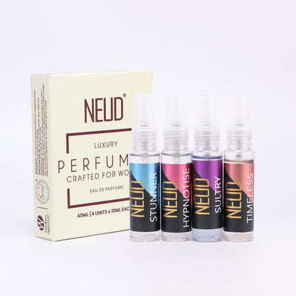 NEUD Luxury Pocket Perfume Gift Set for Women - Long Lasting Eau de Parfum (Fruity, Rose, Musk, Green Apple) - 4x10ml