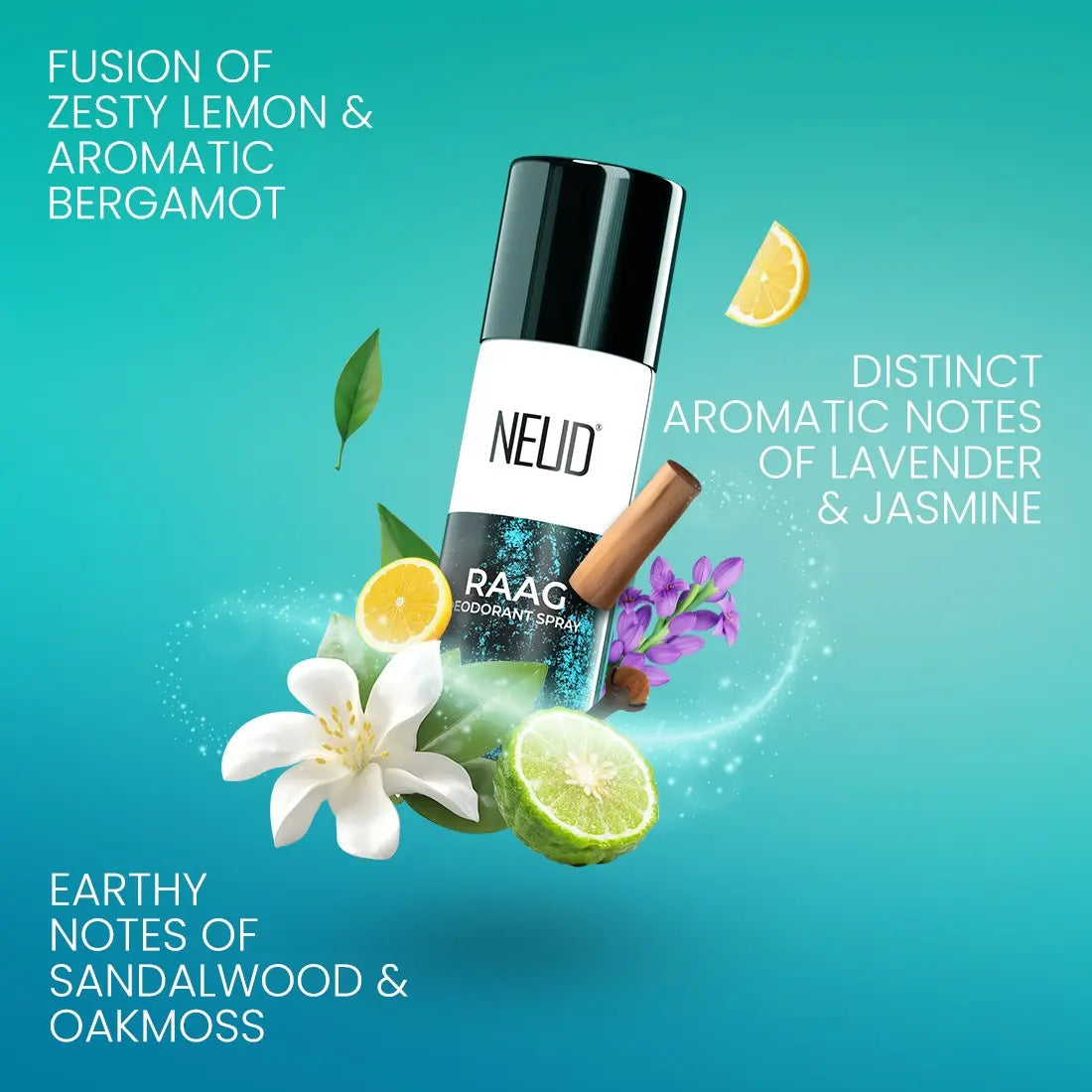 NEUD RAAG Unisex Deodorant Perfumed Body Spray Has Fresh and Sensual Notes of Zesty Lemon, Aromatic Bergamot, Lavender, Jasmine, Earthy Notes of Musk, Sandalwood and Oakmoss - everteen-neud.com