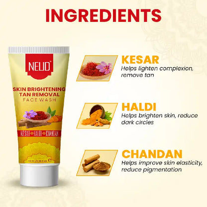 NEUD Skin Brightening Tan Removal Face Wash Contains Kesar, Haldi and Chandan that Help Lighten Skin Complexion and Reduce Dark Circles - everteen-neud.com