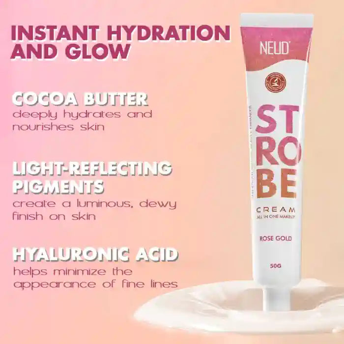 NEUD Strobe Cream Rose Gold with Cocoa Butter and Hyaluronic Acid, Lab Tested All-in-One Makeup Beauty Enhancer - 50g