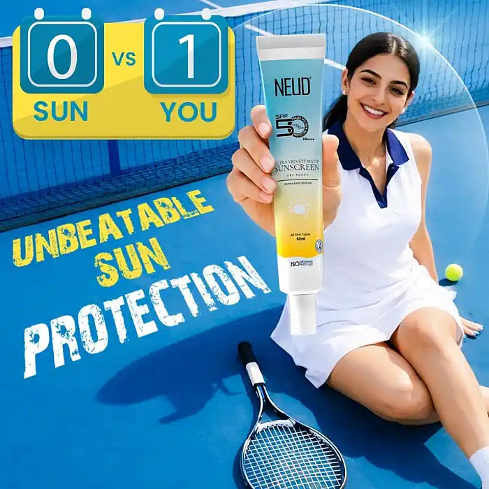 Woman holding a tube of NEUD Dry Touch Ultra Velvety sunscreen on a tennis court with promotional text about sun protection.