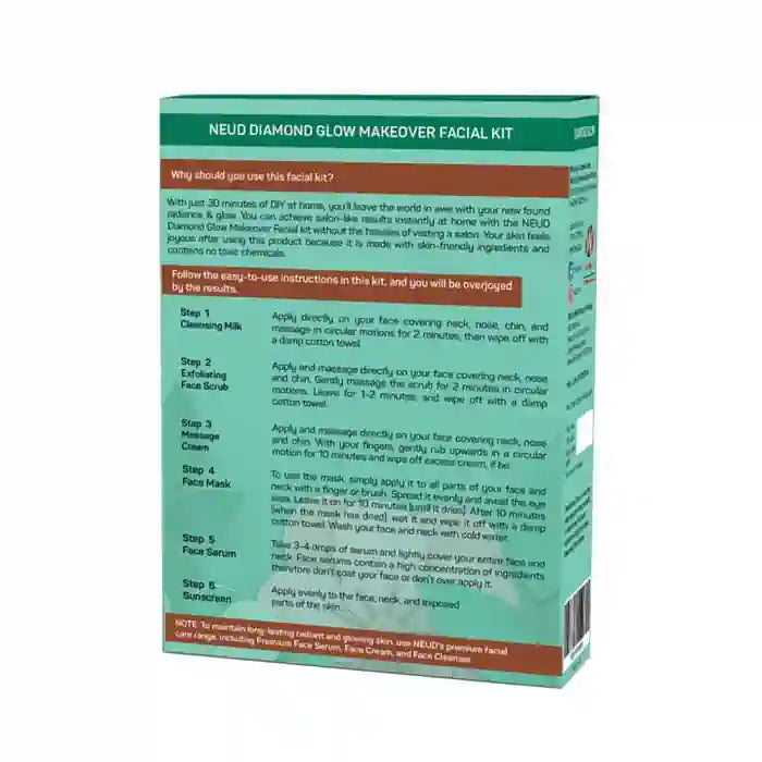Neud Diamond Glow Makeover Facial Kit packaging with step-by-step instructions on a white background