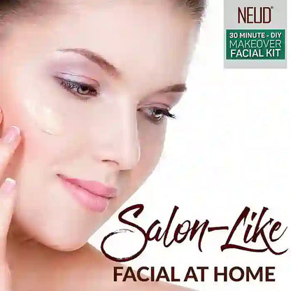 Promotional creative for NEUD DIY facial kit with a beautiful woman's face and text about a salon-like complete face care at home.