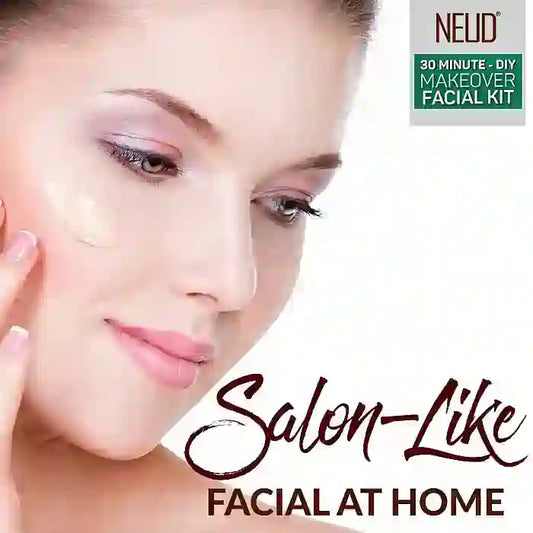 Promotional creative for NEUD DIY facial kit with a beautiful woman's face and text about a salon-like complete face care at home.