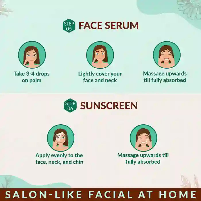 Step-by-step guide for applying face serum and sunscreen with illustrations of a woman's face.