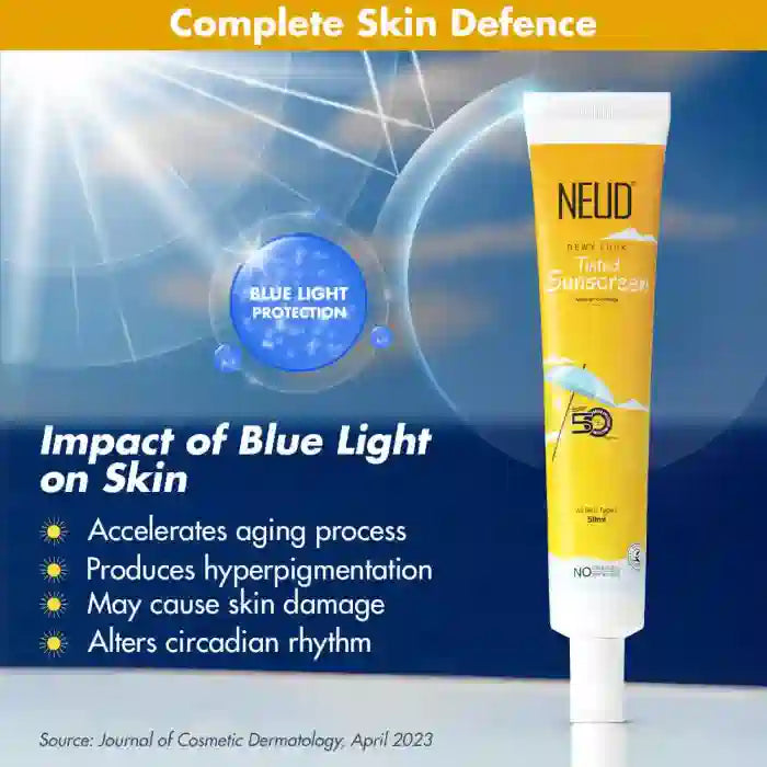 NEUD Dewy Look Tinted Sunscreen with SPF 50 PA++++ and Hyaluronic Acid, Ultra-Light, No White Cast - 50ml
