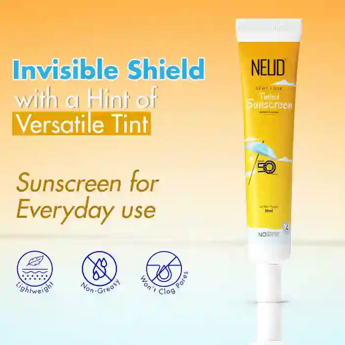 NEUD Dewy Look Tinted Sunscreen with SPF 50 PA++++ and Hyaluronic Acid, Ultra-Light, No White Cast - 50ml
