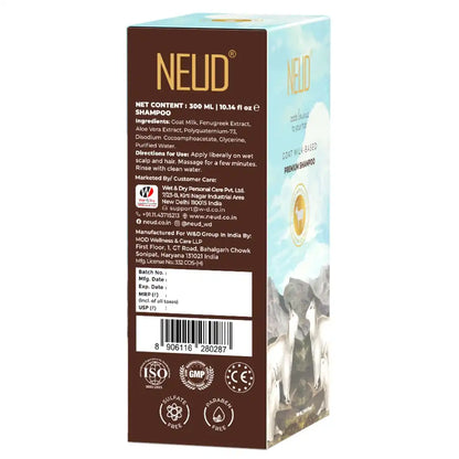 Champú de leche de cabra NEUD 300 ml para hombres y mujeres con bolsa con cremallera gratis