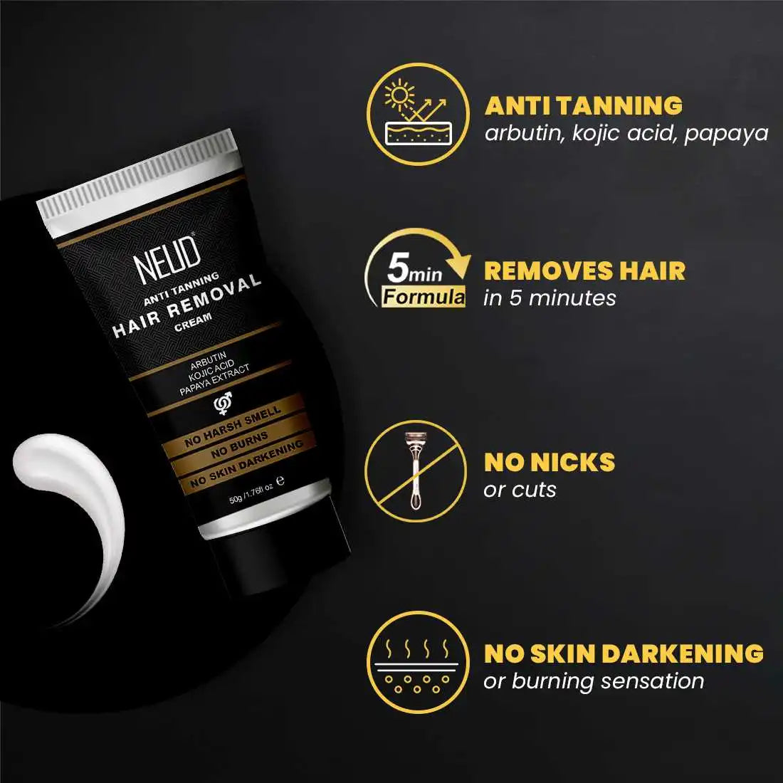 NEUD Anti-Tanning Hair Removal Cream With Kojic Acid, Arbutin, Papaya Extract - 50g