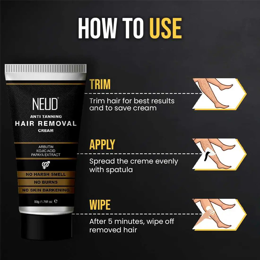 NEUD Anti-Tanning Hair Removal Cream With Kojic Acid, Arbutin, Papaya Extract - 50g