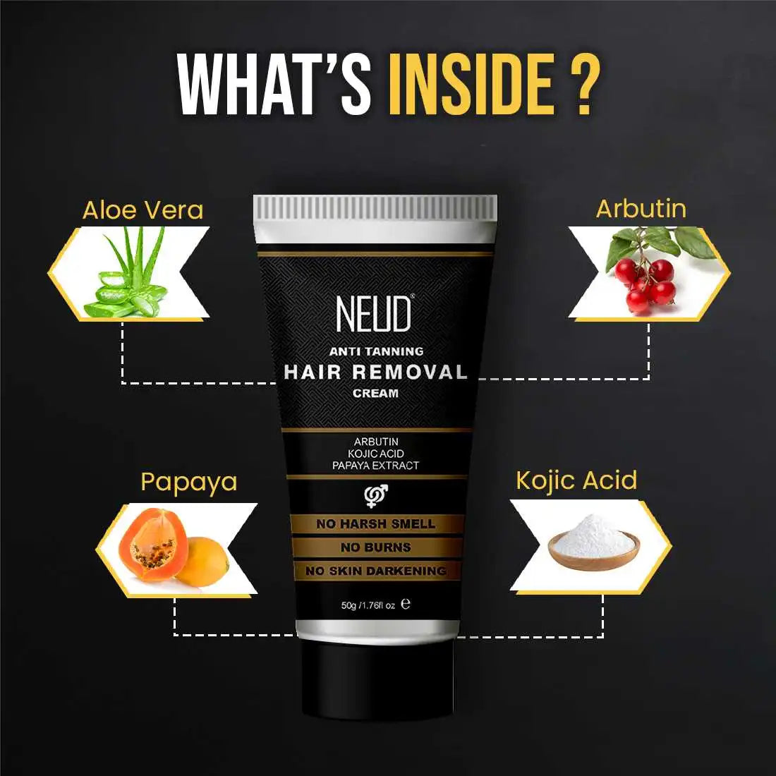 NEUD Anti-Tanning Hair Removal Cream With Kojic Acid, Arbutin, Papaya Extract - 50g