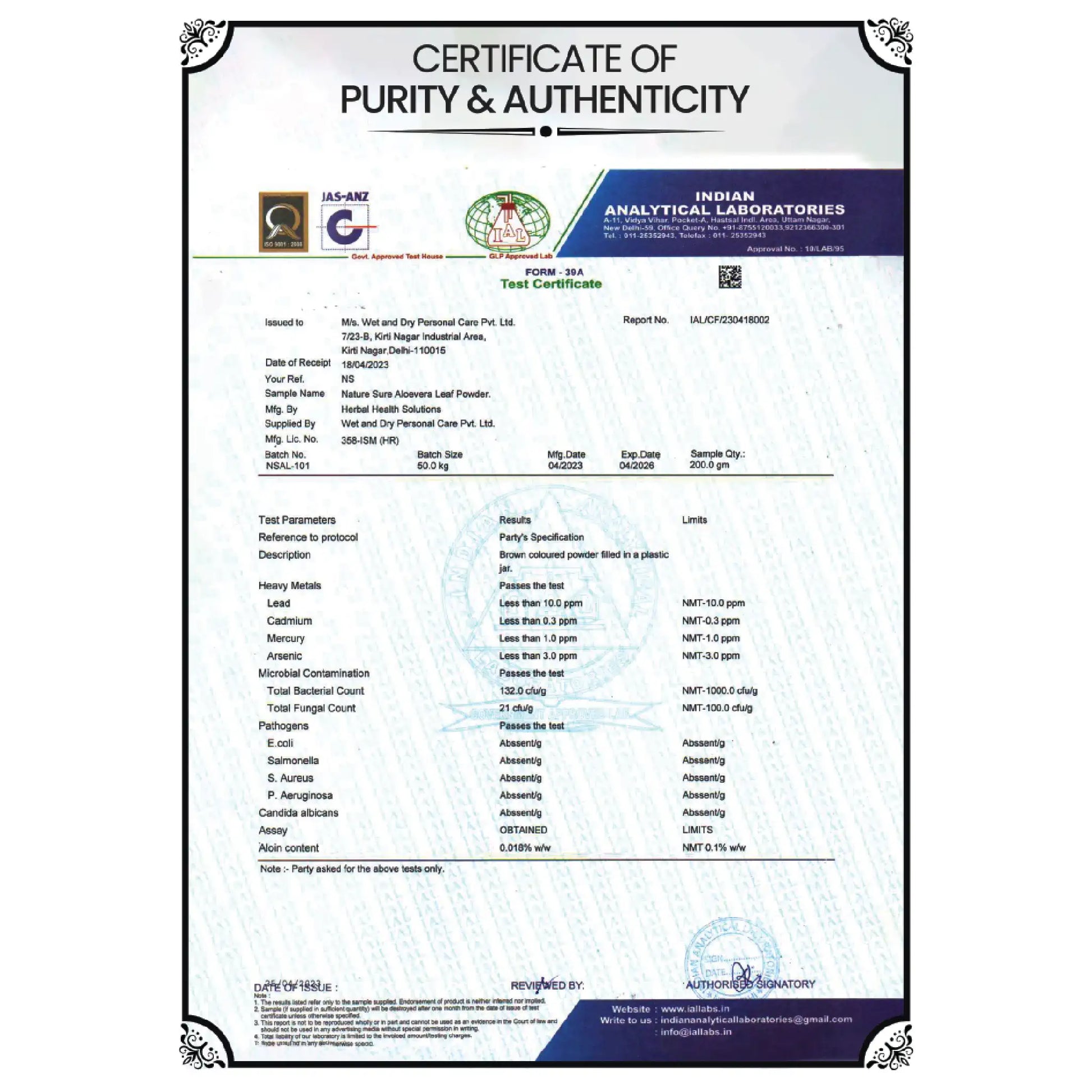 Nature Sure Aloe Vera Leaf Powder - Certificate of Purity and Authenticity From GLP Approved Laboratory
