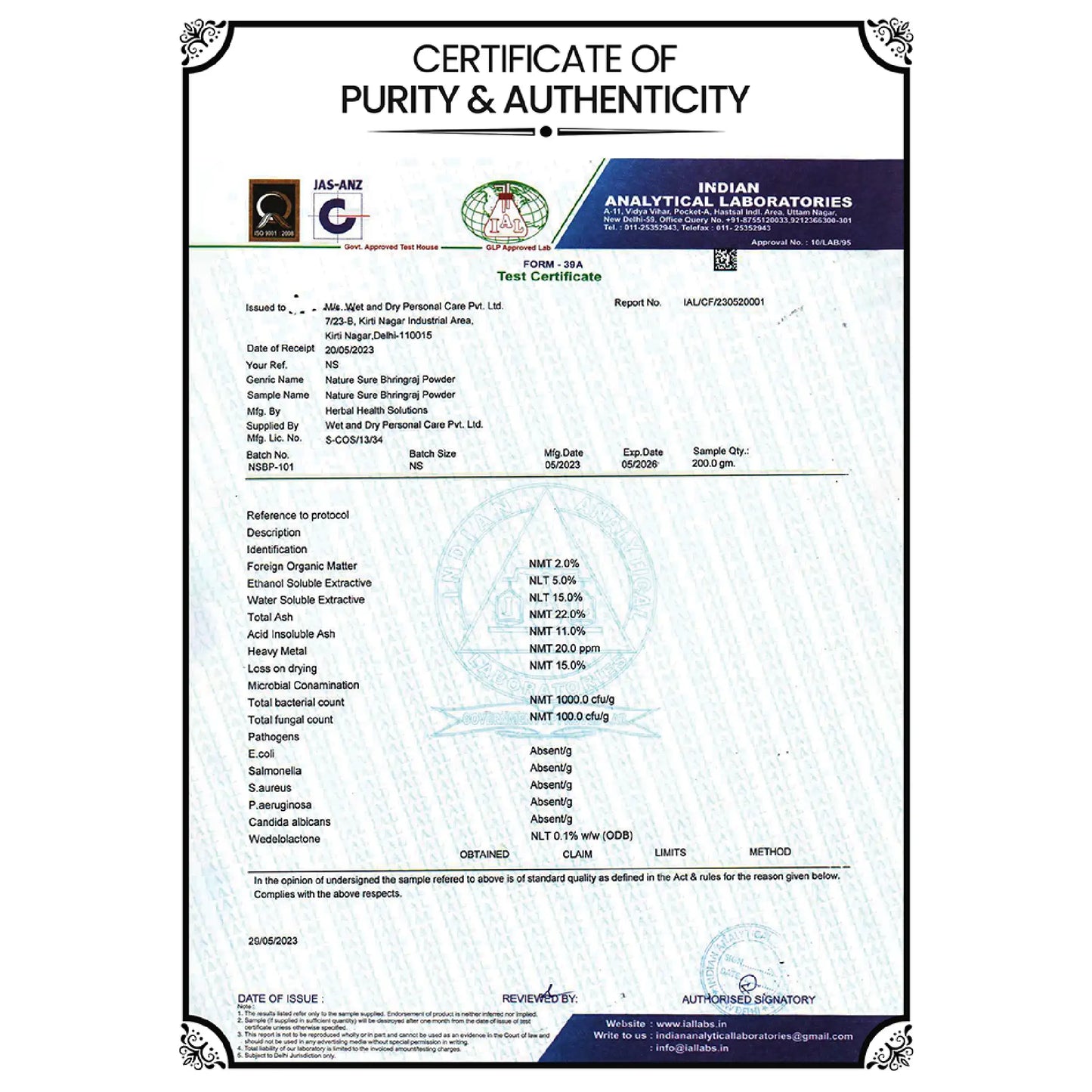 Nature Sure Bhringraj Powder - Certified of Purity And Authenticity From GLP-Approved Laboratory