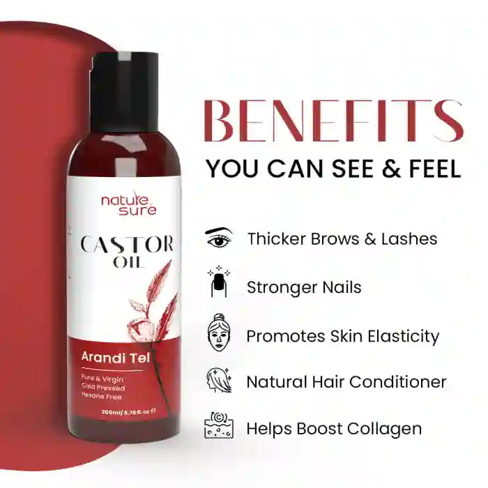 Nature Sure Cold-Pressed Castor Oil (Erand Tail) - Huile de support thérapeutique pour la peau, les cheveux et la santé