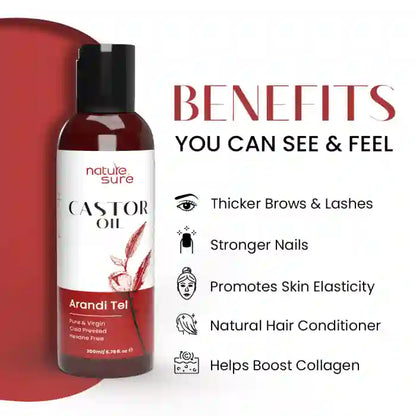 Nature Sure Cold-Pressed Castor Oil (Erand Tail) - Huile de support thérapeutique pour la peau, les cheveux et la santé