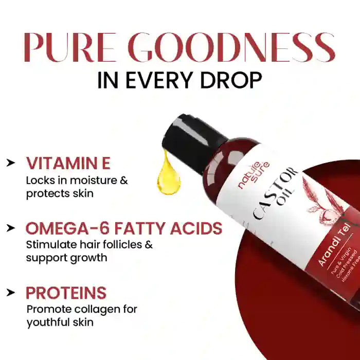 Nature Sure Cold-Pressed Castor Oil (Erand Tail) - Huile de support thérapeutique pour la peau, les cheveux et la santé