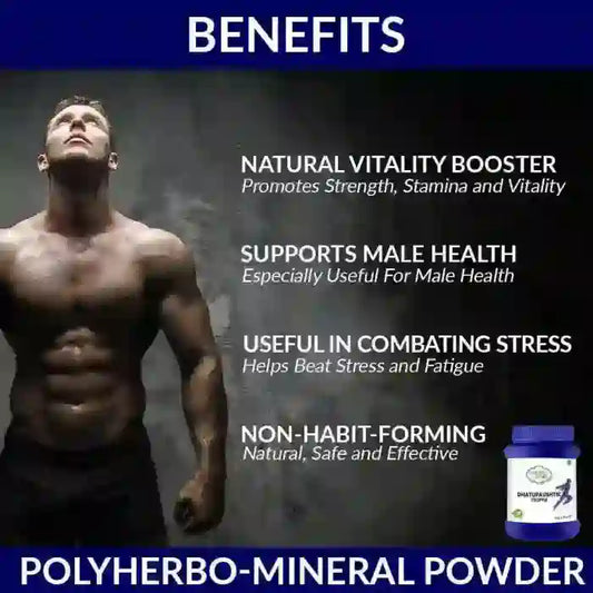 Advertisement for Nature Sure Dhatupaushtik Churna Polyherbo-Mineral Powder with a man and product image on a dark background