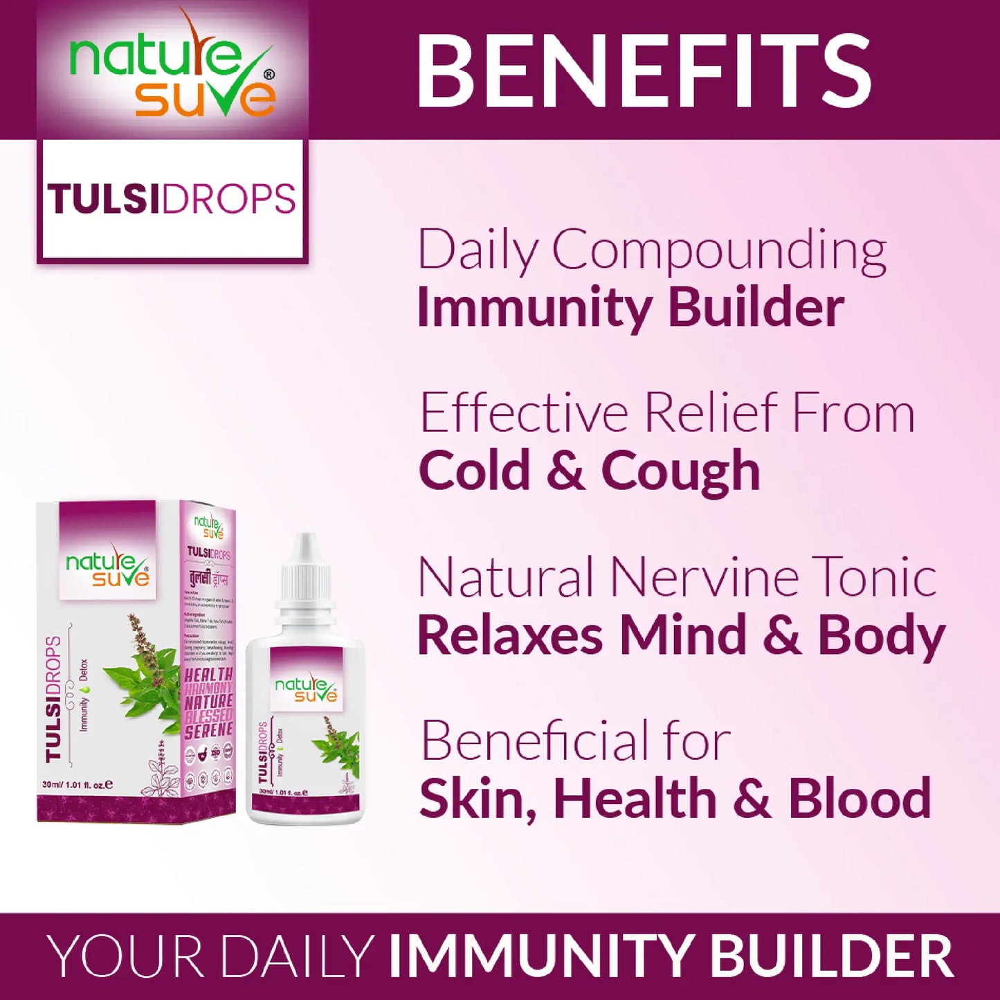 Nature Sure Tulsi Drops Helps You in Immune Support, Cold, Cough, Mind Relaxation, Skin, Health and Blood