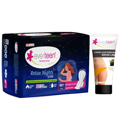 everteen Relax Nights Ultra 40 Pads and Radiance Bikini Line Hair Remover Cream 50g 7419870809843